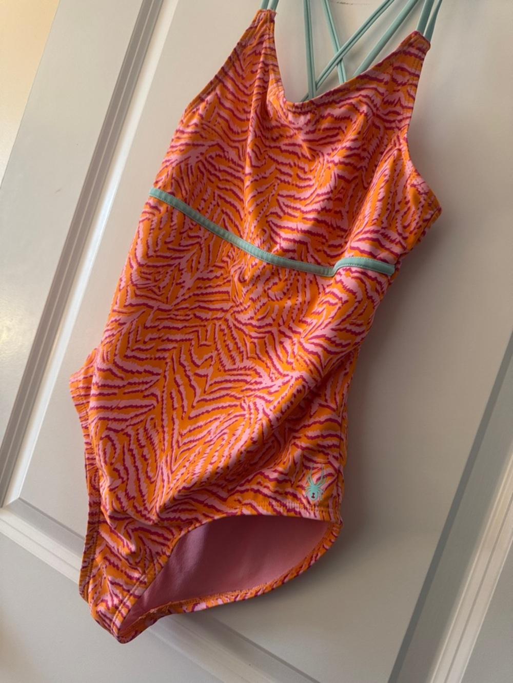 Girls Spyder Large (12/14) One Piece Orange/Pink Swimsuit, Teal cross Straps - Picture 2 of 5